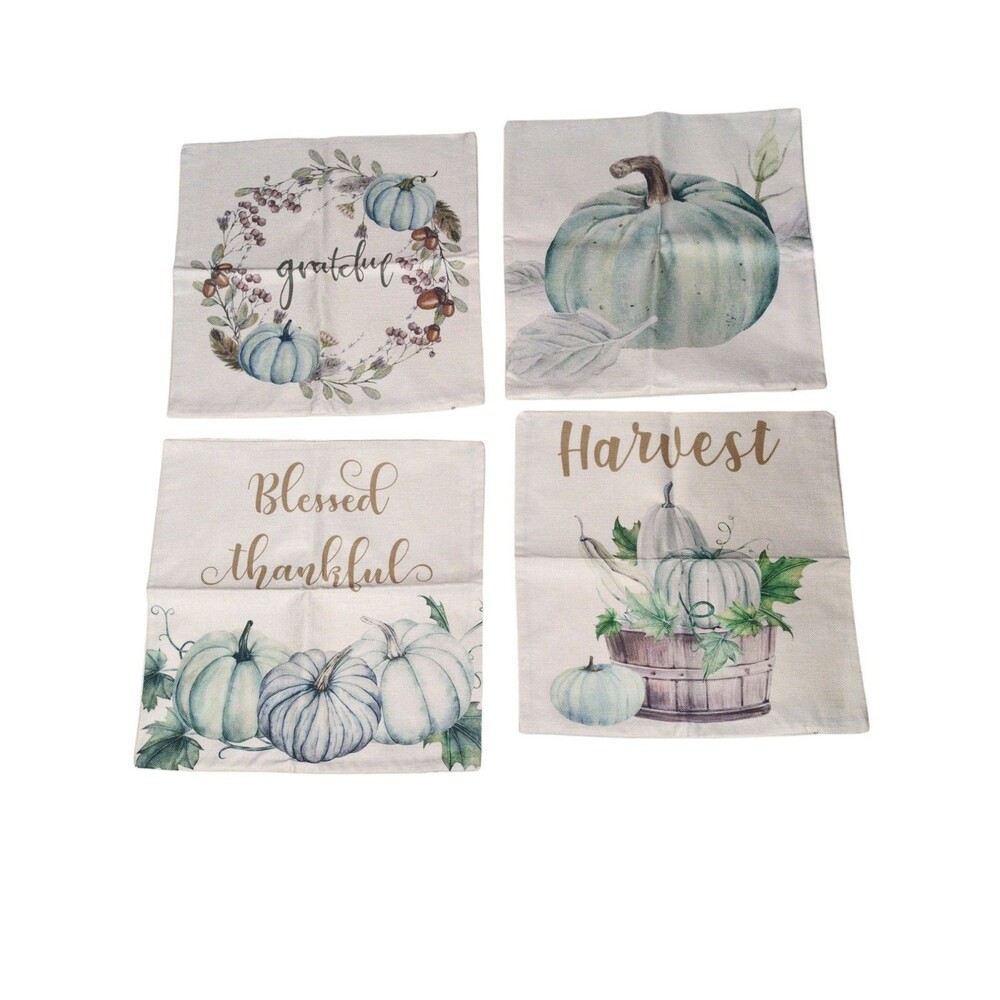 Set of 4 White Fall Pumpkin Pillow Covers Zipper 18 x 18 100% Linen Farmhouse